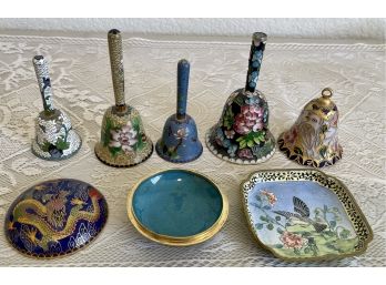 Vintage Lot Of Cloisonne Bells, Plate, And Trinket Dish