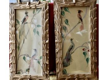 2 Mid Century Asian Bird Prints With Real Feathers In Ornate Wood Frames