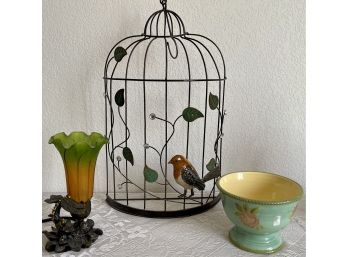 Home Decor Lot - Enamel And Metal Bird Cage, Dragonfly Art Glass Lamp, Small Floral Vase