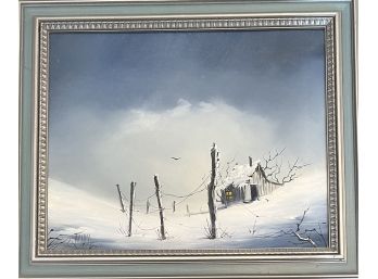 Original Signed Oil On Canvas Winter Cabin Scene In Frame