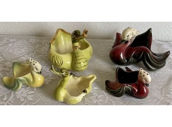 (5) 1950's Hull USA Pottery Duck Planters Red And Green Assorted Sizes