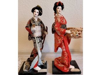 Vintage Nishi Samisen Geisha Doll With Mandolin And A Hanakago Geisha With Flower Basket