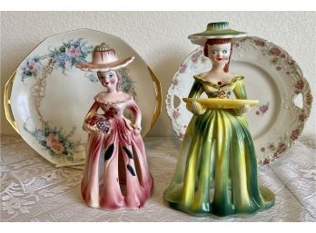 (2) Vintage Kreiss & Co. Candle Napkin Holders (2) Hand Painted Pierced Handled Plates Austria