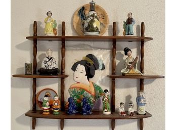 Asain Decor Lot - Wood Wall Shelf With Figurines - Fu Dog Salt And Pepper, Bell, Vase, Bamboo Plate, And More