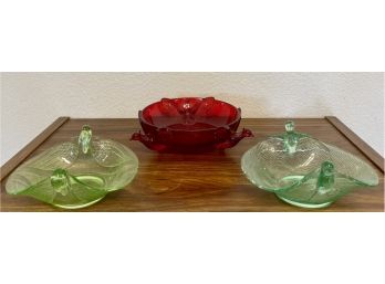(2) Fenton Bird Uranium Glass Bowls And (1) Painted Red Pheasant Bowl