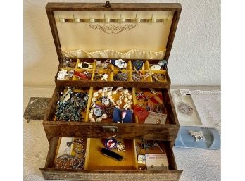 Vintage Jewelry Box With Assorted Necklaces, Earrings, Pins, Pendants, And More
