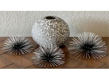Grey And White Pottery Vase With (3) Metal Sea Urchins Table/wall Hangings