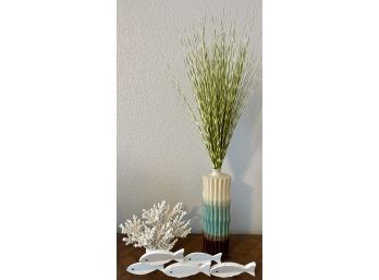 East Coast Decor Lot - White Coral, Wood Fish, And Pottery Vase With Faux Grass