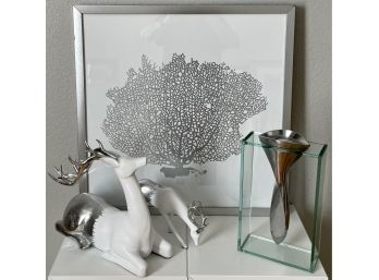 Silver And White Home Decor Lot - (2) Pottery Deer, Metal And Glass Vase, And Coral Framed Print