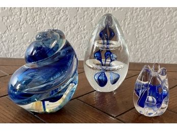 (3) Hand Blown Clear And Blue Art Glass Paper Weights - Egg And Shell Shape