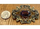 Stunning Antique Art Nouveau Ornate Brass And Purple Faceted Glass Pin Brooch