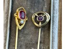 14K Gold And Amethyst Stick Hat Pin & Gold Tone Red Glass & Faux Pearl Stick Hat Pin In Velvet Box