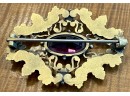 Stunning Antique Art Nouveau Ornate Brass And Purple Faceted Glass Pin Brooch
