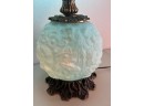 Vintage Fenton Blue Poppy Custard Satin Glass Globe Lamp With Lighted Bottom And Brass Base
