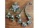 Vintage Rhinestone & Bead Necklace Lot - One Full Set - Necklace - Earrings And Brooch