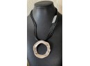 Chico's Silver Tone 18' Pendant Necklace On Leather Cord With Matching Earrings NWT