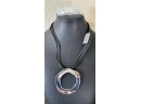 Chico's Silver Tone 18' Pendant Necklace On Leather Cord With Matching Earrings NWT