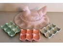 Rare Fenton Pink Opalescent Custard Glass 2 Piece Hen On Nest Egg Plate With (3) Half Dozen Ceramic Egg Trays