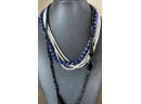 Multi Strand Hematite Seed Bead Necklace - Jet Black Bead Necklace & Multi Strand Blue & White Bead