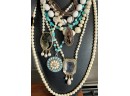Statement Necklace Lot - Enamel - Faux Pearl - Seed Bead - Wood Seed Pod - Silver And Gold Tone - Premier