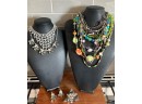 Vintage Rhinestone & Bead Necklace Lot - One Full Set - Necklace - Earrings And Brooch