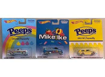 (3) Collectible Hot Wheels New In Packaging - Peeps '56 Nomad & '69 Volkswagen With '85 Mike And Ike Astrovan