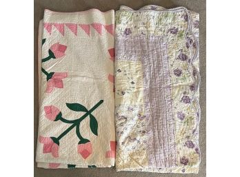 Vintage Handmade Pink Tulip Quilt With American Pacific Purple Rose Quilt