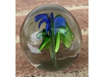 3' Hand Blown Blue & Green Floral Art Glass Paper Weight