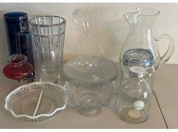 Eclectic Glass Lot - Anchor Hocking Moonstone, Vases, Jar, Pitcher, Plates, & More
