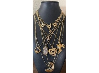 Gold Tone Necklace & Pendant Lot - Moon - Angel - Crystal - And More