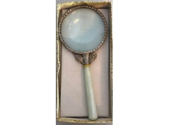 Vintage 7' Jade Handled Magnifying Glass With Decorative Metal Trim