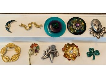 Vintage Pin Brooch Lot - Lia - Monet - Chico's - Enamel Moon - Clover - Flowers And More