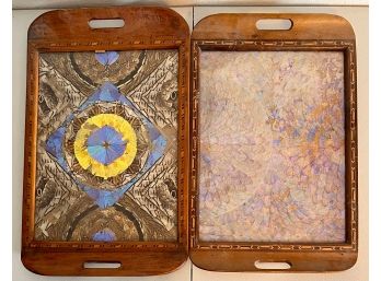 (2) Vintage Wooden Trays With Colorful Butterfly Wing Inlay