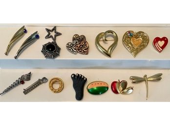 Vintage Pin Brooch Lot - K & T - Hearts - Bar Pins - Rhinestones - Enamel Apple & Watermelon