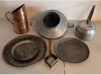 Vintage Lot Including Copper Clock Pitcher, Metal Holiday Baking Trays, Vase, & Aluminum Pot With Lid