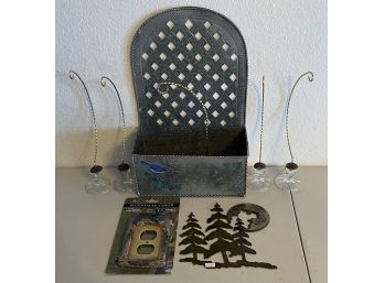 Decor Lot - Metal Basket, Pine Cutout Metal Wall Hanging, Ornament Stands With Glass Bases, & More