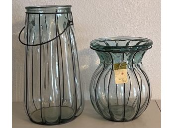(2) Debi Lilly Caged Metal Clear Glass Vases - 1 With Original Tag