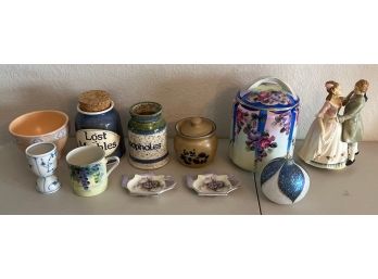 Pottery And Decor Lot - Prussia Cannister, Musical Figurine, Stoneware Pottery, & More
