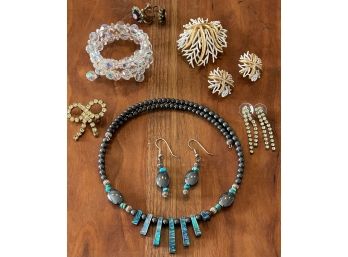 Hematite - Turquoise & Shell Choker & Earrings - Pin & Earring Set - Crystal Wrap Bracelet &  Rhinestone Pin