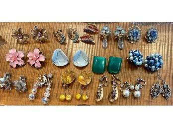 15 Pairs Of Vintage Clip On & Screw Back Earrings - Glass - Metal & Enamel - Bead - Rhinestone - Shell & More