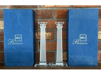 Pair Of Mikasa Platinum Obalesque 10' Satin Crystal Candle Holders With Original Boxes