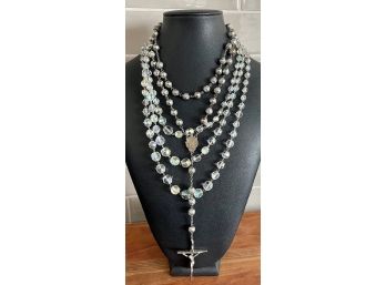 Vintage Silver Rose Ball Bead Rosary Italy And Faceted Crystal Bead Necklace