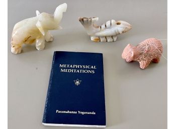 Onyx Elephant And Fish, Pottery Bear, And Meditation Book