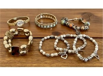 Collection Of Vintage Bracelets - Beads, Faux Pearls, Stretch, Embassy Quartz Watch Untested