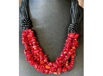 Multi Strand Red Coral And Black Bead Necklace With Cord Closure