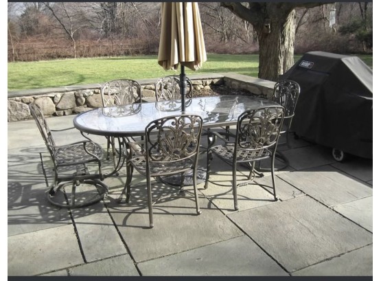 Large Iron & Glass Outdoor Table With 6 Chairs, Umbrella & Stand