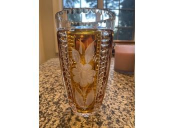Heavy Crystal Cut Vase Beautiful Clear And Caramel Coloring