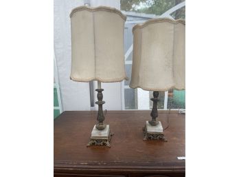 Pair Brass Marble Base Lamps, Same Size