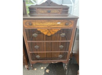 Five Drawer Tall Wood Chest With Beautiful Burled Wood Detail