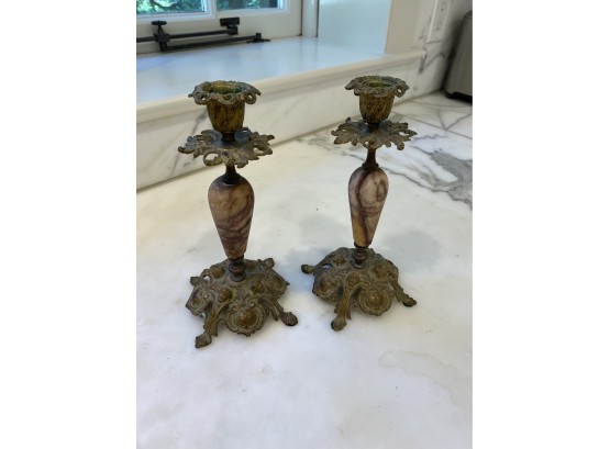 Copper And Marble Ornate Candlesticks